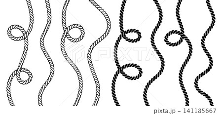 Wave rope borders with loops. Nautical cord patterns for maritime design. Twisted sailor elements creating decorative seamless textures. 141185667
