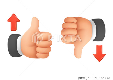 Vector 3d Cartoon Thumbs Up And Thumbs Down. Like and Dislike Hand Gestures Isolated. Approval and Rejection Symbols with Up and Down Arrows. Rating Feedback Design 141185758