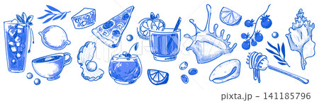 Sketch set of Italian food and drinks in blue Sketch set of Italian food and drinks in blue 141185796