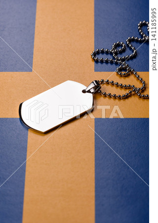 A dog tag on the Sweden flag, serving as a conceptual backdrop representing defense A dog tag on the Sweden flag, serving as a conceptual backdrop representing defense 141185995