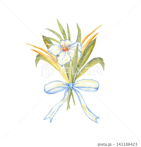 Small bouquet with green leaves and blue bow for rustic wedding stationery and natural greeting card design. Isolated. For first communion, baptism greeting card, invitation, label. Hand drawn 141186423