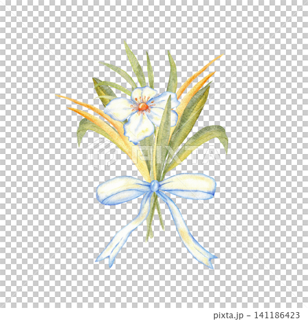Small bouquet with green leaves and blue bow for rustic wedding stationery and natural greeting card design. Isolated. For first communion, baptism greeting card, invitation, label. Hand drawn 141186423