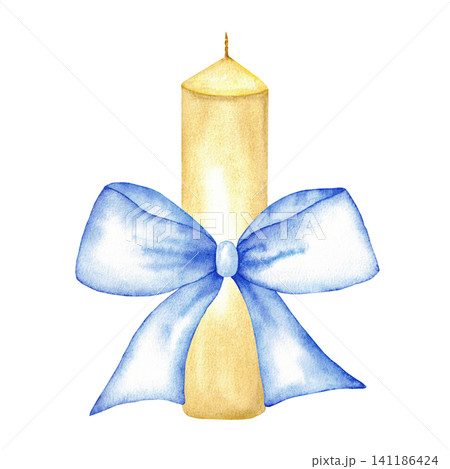 Decorative blue bow candle illustration on white background for greeting card and label design. Isolated. For wedding, first communion, baptism invitation. Hand drawn. Watercolor ilustration 141186424