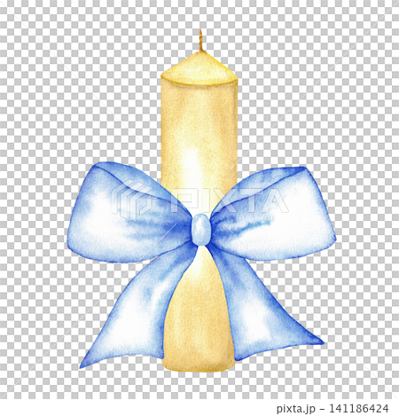 Decorative blue bow candle illustration on white background for greeting card and label design. Isolated. For wedding, first communion, baptism invitation. Hand drawn. Watercolor ilustration 141186424