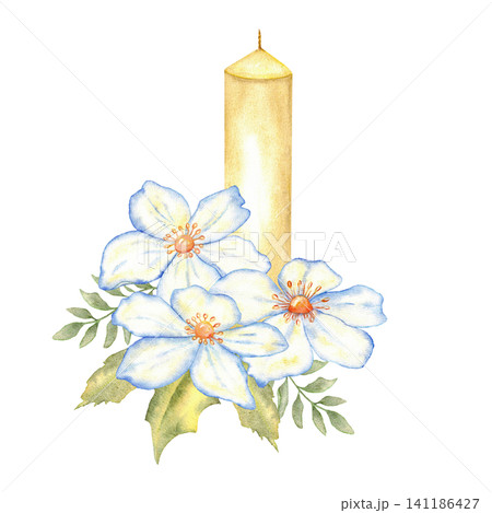 Watercolor candle with blue flowers and green leaves arrangement for memorial and wedding card backgrounds and delicate botanical centerpiece illustration. For first communion, baptism. Isolated Watercolor candle with blue flowers and green leaves arrangement for memorial and wedding card backgrounds and delicate botanical centerpiece illustration. For first communion, baptism. Isolated 141186427