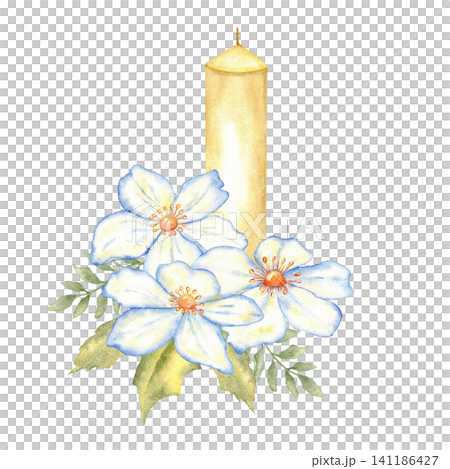 Watercolor candle with blue flowers and green leaves arrangement for memorial and wedding card backgrounds and delicate botanical centerpiece illustration. For first communion, baptism. Isolated 141186427