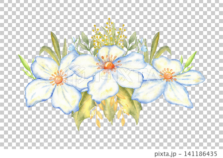 Horizontal wedding floral composition with blue watercolor flowers and green foliage for invitation banner and background design. For first communion, baptism greeting card. Isolated. Hand drawn Horizontal wedding floral composition with blue watercolor flowers and green foliage for invitation banner and background design. For first communion, baptism greeting card. Isolated. Hand drawn 141186435