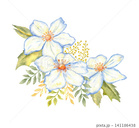 Wedding composition with blue watercolor flowers and green leaves for invitation background and floral stationery design. For first communion, baptism greeting card, invitation. Isolated. Hand drawn 141186438
