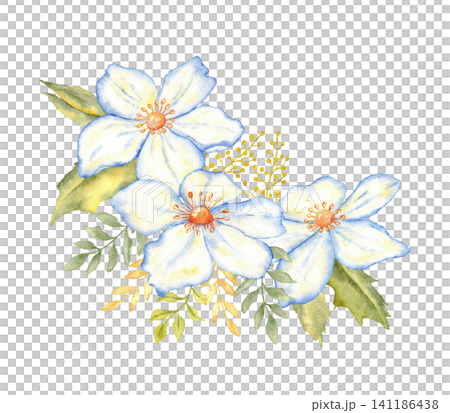 Wedding composition with blue watercolor flowers and green leaves for invitation background and floral stationery design. For first communion, baptism greeting card, invitation. Isolated. Hand drawn 141186438