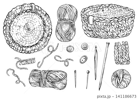 Knitting hobby vector drawing set. Skeins of yarn with needles, crocheted basket, crochet hook. Balls, skeins of yarn, pins and buttons. Black and white line art illustration isolated from background Knitting hobby vector drawing set. Skeins of yarn with needles, crocheted basket, crochet hook. Balls, skeins of yarn, pins and buttons. Black and white line art illustration isolated from background 141186673