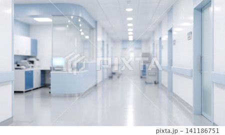 A hospital hallway with a row of white doors A hospital hallway with a row of white doors 141186751