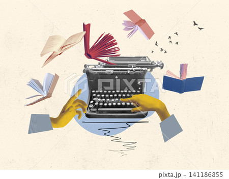 Pop art collage. Female hand typing on retro typewriter over creative design background. Vintage, retro Pop art collage. Female hand typing on retro typewriter over creative design background. Vintage, retro 141186855