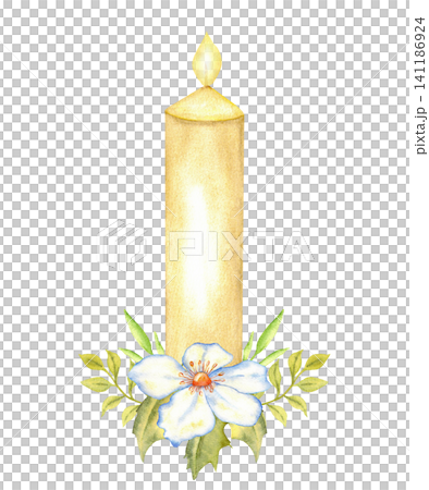 Gold candle with white flower and green leaves for easter card and religious memorial design for invitation and poster. Isolated. For first communion, wedding, baptism, save the date greeting card 141186924