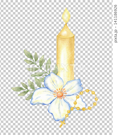 Golden burning candle with rosary and white flower with green leaves for first communion baptism card invitation and religious background design. Isolated. For wedding, save the date card, label Golden burning candle with rosary and white flower with green leaves for first communion baptism card invitation and religious background design. Isolated. For wedding, save the date card, label 141186926