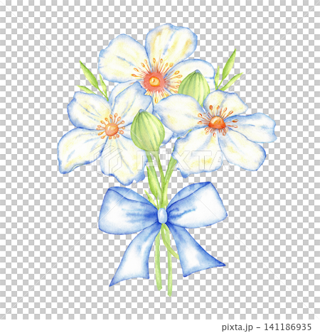 Blue watercolor bouquet of wildflowers tied with a blue ribbon bow for wedding card bouquet label and floral design. For first communion, baptism greeting card, invitation. Hand drawn. Isolated Blue watercolor bouquet of wildflowers tied with a blue ribbon bow for wedding card bouquet label and floral design. For first communion, baptism greeting card, invitation. Hand drawn. Isolated 141186935
