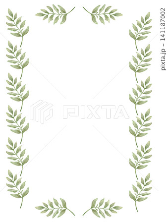 Green branch leaf frame border with watercolor leaves on white background for printable invitation and stationery design. Copy space. Isolated. For first communion, baptism, wedding, save the date Green branch leaf frame border with watercolor leaves on white background for printable invitation and stationery design. Copy space. Isolated. For first communion, baptism, wedding, save the date 141187002