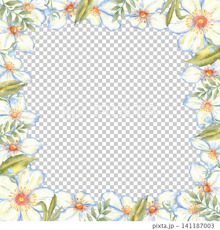 White floral square frame with green leaves and watercolor blossoms for wedding invitation background and greeting card design. Copy space. For first communion, baptism, save the date label Hand drawn White floral square frame with green leaves and watercolor blossoms for wedding invitation background and greeting card design. Copy space. For first communion, baptism, save the date label Hand drawn 141187003