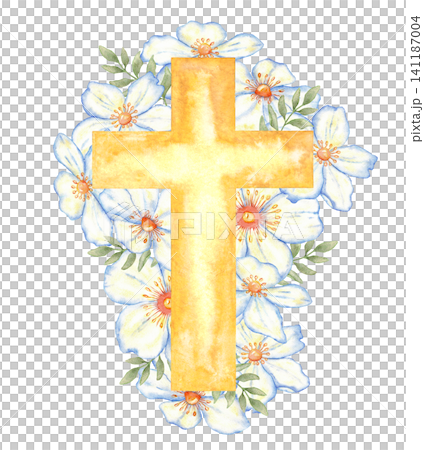 Golden cross surrounded by white watercolor flowers and green leaves for easter card design and religious celebration graphics. Isolated. For wedding, first communion, baptism, greeting card, label. 141187004