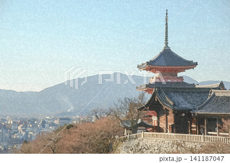 四季の自然と調和する清水寺の本堂と優美な三重塔の遠景 141187047