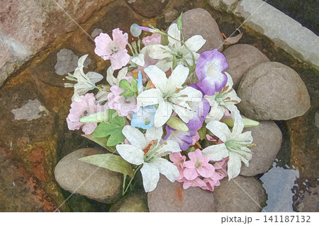 手水鉢に浮かぶ大輪のユリと朝顔が織りなす爽やかな花手水 手水鉢に浮かぶ大輪のユリと朝顔が織りなす爽やかな花手水 141187132
