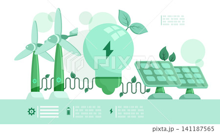 Renewable Energy Concept with Green Light Bulb Solar Panels and Wind Turbines Vector Illustration Renewable Energy Concept with Green Light Bulb Solar Panels and Wind Turbines Vector Illustration 141187565