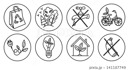 Set of eight eco-friendly icons depicting recycling, nature conservation, and sustainable living concepts in a minimalist black and white illustration style Set of eight eco-friendly icons depicting recycling, nature conservation, and sustainable living concepts in a minimalist black and white illustration style 141187749