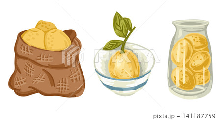 Illustration features traditional Indian sweets in various forms, including a burlap sack, a bowl, and a jar, showcasing their presentation and textures Illustration features traditional Indian sweets in various forms, including a burlap sack, a bowl, and a jar, showcasing their presentation and textures 141187759