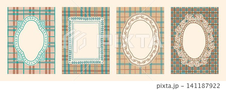 Lace frame with floral pattern, gingham background Lace frame with floral pattern, gingham background 141187922