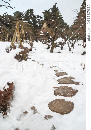 雪深い兼六園の庭園に続く石の踏み分け道と冬の風情 雪深い兼六園の庭園に続く石の踏み分け道と冬の風情 141187930