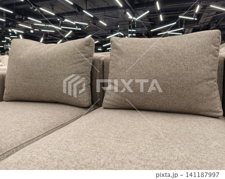 Modern gray sofa with oversized cushions, for sale in a furniture store Modern gray sofa with oversized cushions, for sale in a furniture store 141187997