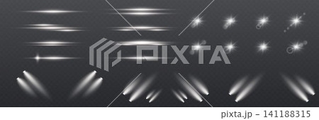 Set of various light effects, flares, beams, and spotlights on transparent background 141188315