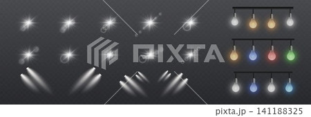 Set of vector elements including bright lens flares, spotlights, and colorful hanging light bulbs 141188325
