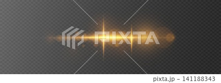 Golden light streak effect with glowing horizontal line on transparent background, adding sparkle 141188343
