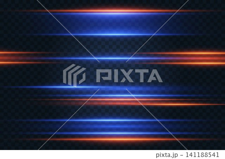 Abstract blue and orange horizontal glowing lines moving across a dark transparent background 141188541