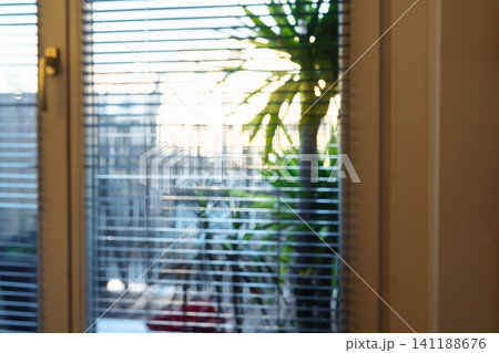 view from window sunset through blinds view from window sunset through blinds 141188676