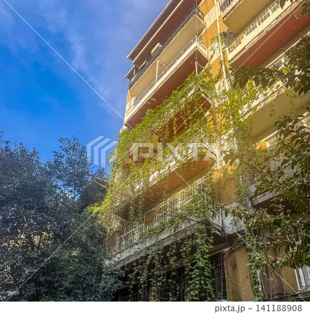 Old abandoned apartment building overgrown with green ivy vines on balconies against blue sky low angle urban decay view Old abandoned apartment building overgrown with green ivy vines on balconies against blue sky low angle urban decay view 141188908