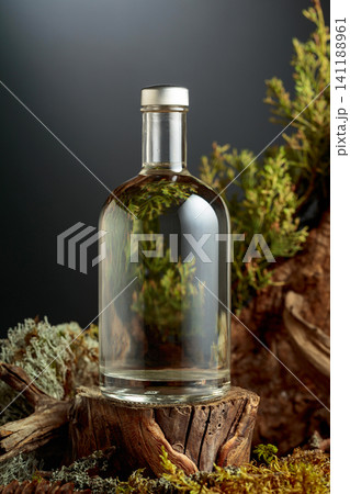 Bottle of gin or herbal bitter, set among juniper branches, weathered driftwood and forest moss. 141188961