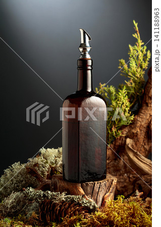 Vintage bottle of gin or herbal bitter, set among juniper branches, weathered driftwood and forest moss. Vintage bottle of gin or herbal bitter, set among juniper branches, weathered driftwood and forest moss. 141188963