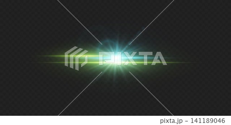 Bright lens flare creating horizontal line and starburst on dark background Bright lens flare creating horizontal line and starburst on dark background 141189046