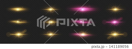 Set of various light effects, creating luminous lens flares and bright starbursts on transparent background 141189056