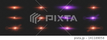 Set of glowing lens flares and light effects in orange and purple, creating bright abstract designs 141189058