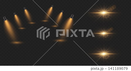 Set of vector light sources including spotlights and lens flares for design 141189079