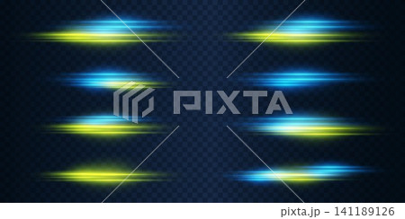 Blue and yellow light streaks generating a fast speed and energetic effect on dark background 141189126