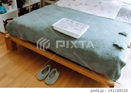 wooden bed with plush blanket and plush house slippers nearby 141189226