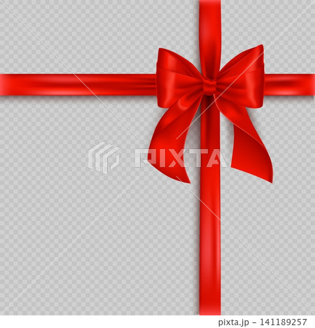 Red gift ribbon with realistic silk bow and crossed wrapping bands isolated, festive decorative element for present packaging, Christmas holiday sale and celebration design. 3D vector illustration 141189257