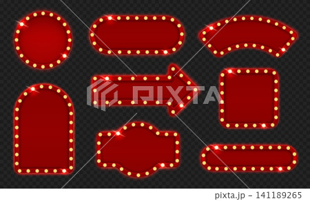 Red marquee light bulb signs and glowing cinema frames, retro illuminated arrow, circle and banner templates for casino, theater, storefront, circus box board. Vector set Red marquee light bulb signs and glowing cinema frames, retro illuminated arrow, circle and banner templates for casino, theater, storefront, circus box board. Vector set 141189265
