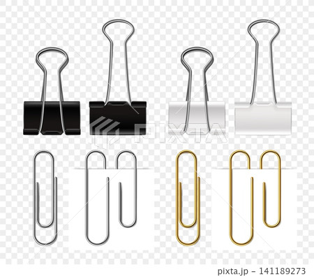 Binder clips and paper clips realistic vector with black, white and gold office fasteners, stationery supplies isolated on transparent background for document organization 141189273