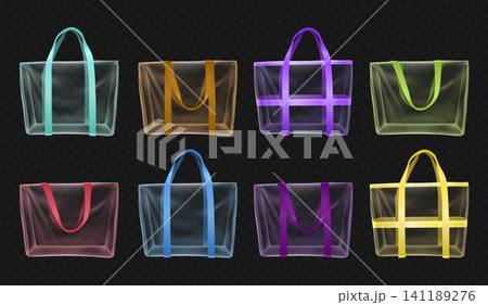 Colorful transparent tote bags with neon handles, realistic clear PVC shopper mockups for retail packaging, beach travel, boutique merchandise and promotional design. Vector set Colorful transparent tote bags with neon handles, realistic clear PVC shopper mockups for retail packaging, beach travel, boutique merchandise and promotional design. Vector set 141189276