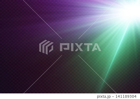 Abstract light rays with vibrant purple and green glow creating lens flare effect on transparent background Abstract light rays with vibrant purple and green glow creating lens flare effect on transparent background 141189304
