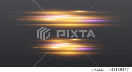 Golden and purple light streaks creating a dynamic motion effect on dark transparent background Golden and purple light streaks creating a dynamic motion effect on dark transparent background 141189347